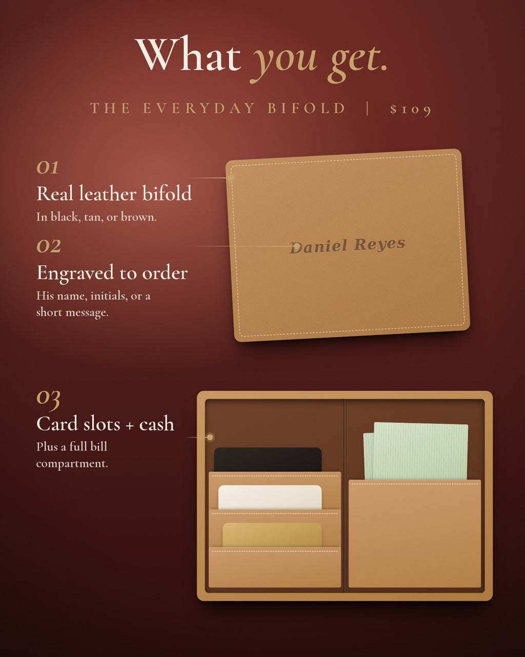 The Everyday Bifold: Engraved Leather Wallet - Hollis & vale